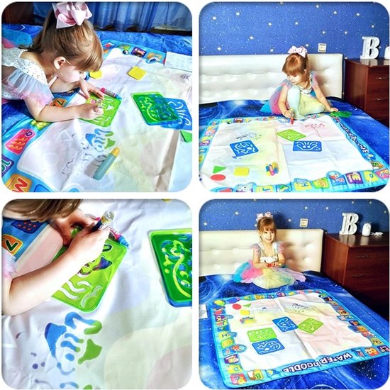 Igoods Igoods Speelmat 100 x 100 cm - Tekenmat Met 4 Magic Pennen & Stempelset - Aqua Magic Doodle Mat voor Kinderen