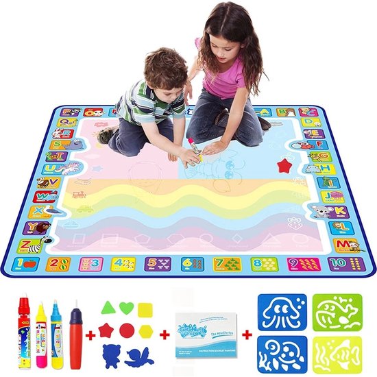 Igoods Igoods Speelmat 100 x 100 cm - Tekenmat Met 4 Magic Pennen & Stempelset - Aqua Magic Doodle Mat voor Kinderen