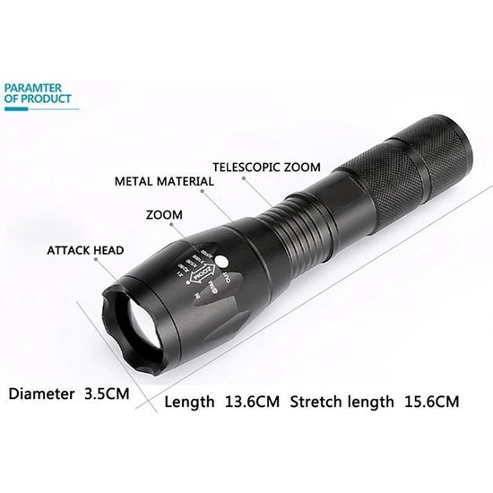 Igoods IGOODS - 2 STUKS LED Zaklamp - Wit Licht- licht gewicht - Militaire zaklamp - LED zaklamp - Inzoombaar