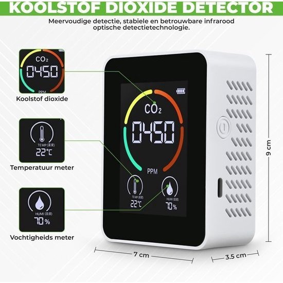 Professionele CO2 meter - Luchtkwaliteitsmeter - binnen - CO2 melder & monitor - Horeca - Thermometer - CO2 detector - Koolstofdioxide meter