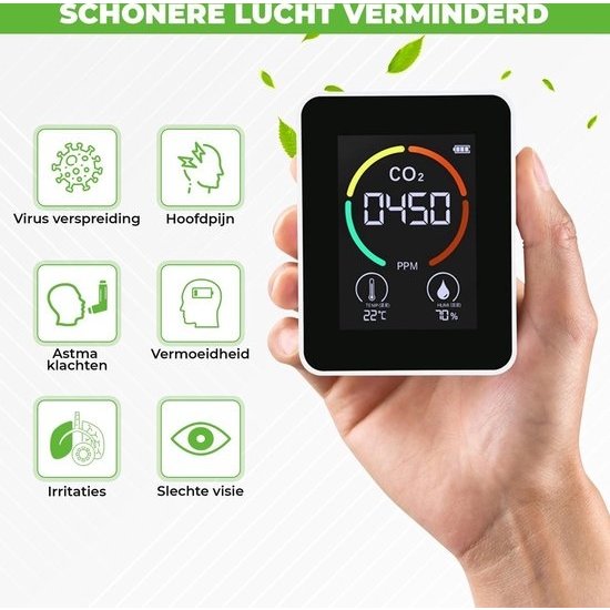 Professionele CO2 meter - Luchtkwaliteitsmeter - binnen - CO2 melder & monitor - Horeca - Thermometer - CO2 detector - Koolstofdioxide meter