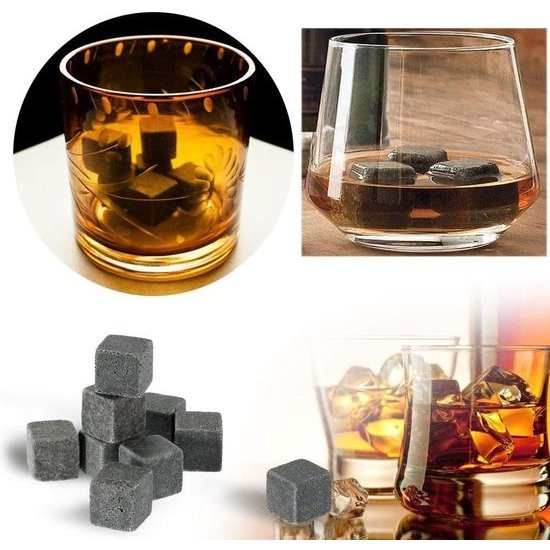 Igoods Igoods Whiskey Stones Set - 9 stuks - IJsblokjes - ijs smelt - met Opbergzak - Herbruikbare - Ice Cube - Drank Koeler