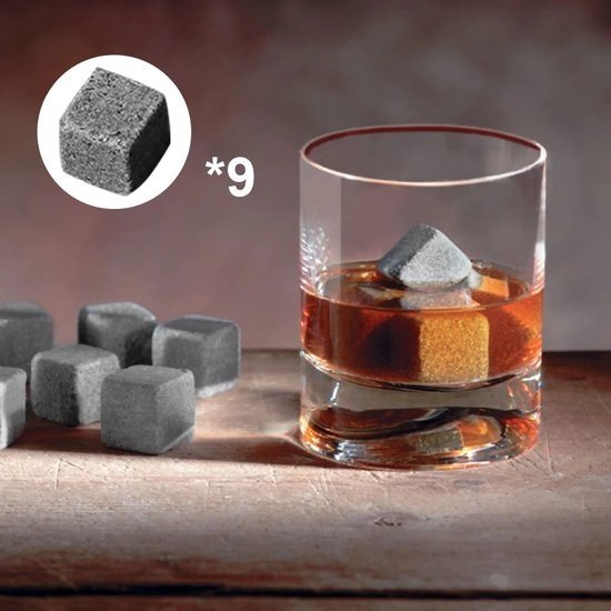 Igoods Igoods Whiskey Stones Set - 9 stuks - IJsblokjes - ijs smelt - met Opbergzak - Herbruikbare - Ice Cube - Drank Koeler