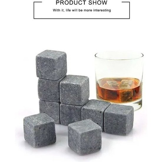 Igoods Igoods Whiskey Stones Set - 9 stuks - IJsblokjes - ijs smelt - met Opbergzak - Herbruikbare - Ice Cube - Drank Koeler