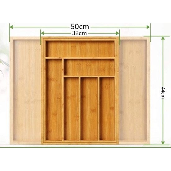 Igoods Igoods Uitschuifbare Bestekbak - Bamboe -Bestekcassette Hout - Besteklade - 44 x 50 x 5 cm - 7 vakken