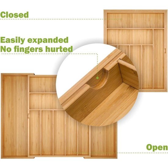 Igoods Igoods Uitschuifbare Bestekbak - Bamboe -Bestekcassette Hout - Besteklade - 44 x 50 x 5 cm - 7 vakken