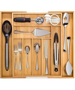Igoods Uitschuifbare Bestekbak - Bamboe -Bestekcassette Hout - Besteklade - 44 x 50 x 5 cm - 7 vakken