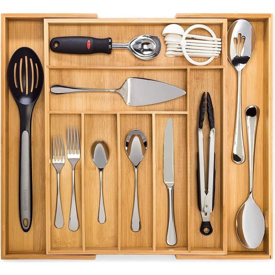 Igoods Igoods Uitschuifbare Bestekbak - Bamboe -Bestekcassette Hout - Besteklade - 44 x 50 x 5 cm - 7 vakken