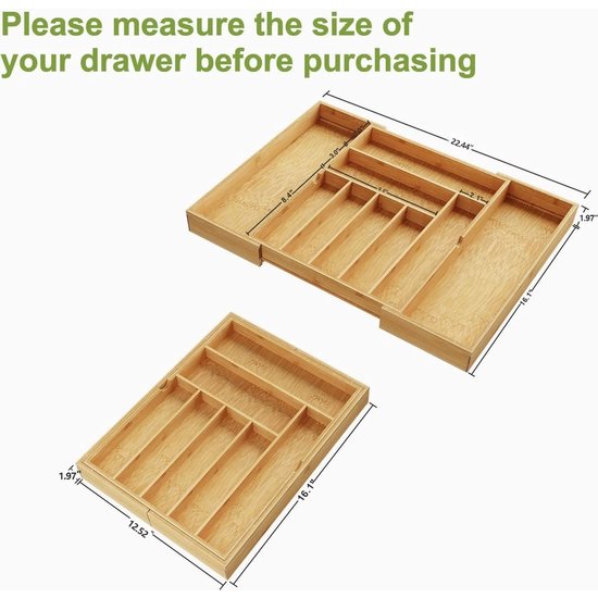 Igoods Igoods Uitschuifbare Bestekbak - Bamboe -Bestekcassette Hout - Besteklade - 44 x 50 x 5 cm - 7 vakken