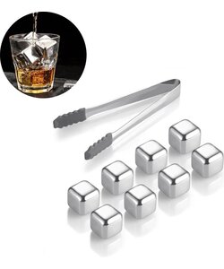 Whiskey Stones Set (8 stuks) Incl. Tang - Whisky Stenen - RVS - Herbruikbare ijsblokjes - Icecubes met tang 8 Stuks