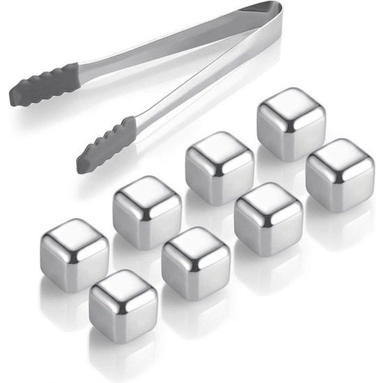 Whiskey Stones Set (8 stuks) Incl. Tang - Whisky Stenen - RVS - Herbruikbare ijsblokjes - Icecubes met tang 8 Stuks