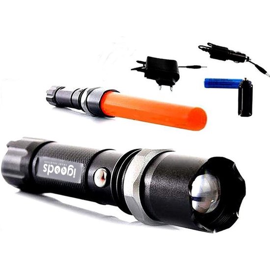 3W Led zaklamp oplaadbaar + 2x li-ion 18650 accu, opzetkegel en lader verkeersregelaars lamp