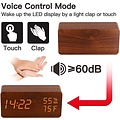 Digitale LED - wekker met houten design - Tijd / Temperatuur / Datum / Wekker - Geactiveerd door aanraking of geluid - met USB-kabel