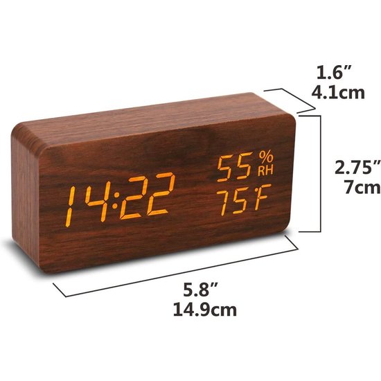 Digitale LED - wekker met houten design - Tijd / Temperatuur / Datum / Wekker - Geactiveerd door aanraking of geluid - met USB-kabel