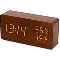 Digitale LED - wekker met houten design - Tijd / Temperatuur / Datum / Wekker - Geactiveerd door aanraking of geluid - met USB-kabel