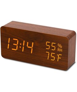 Digitale LED - wekker met houten design - Tijd / Temperatuur / Datum / Wekker - Geactiveerd door aanraking of geluid - met USB-kabel