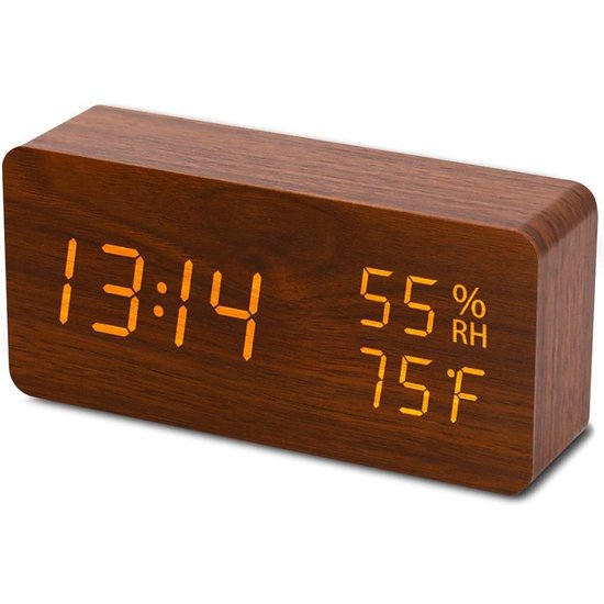 Digitale LED - wekker met houten design - Tijd / Temperatuur / Datum / Wekker - Geactiveerd door aanraking of geluid - met USB-kabel