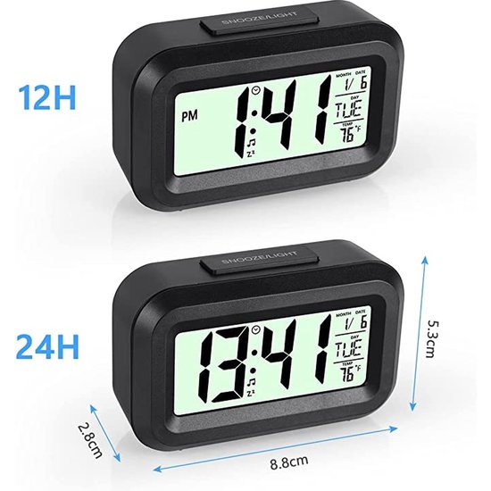Digitale Wekker Nachtkastje - LED Display Klokken met Verstelbare Snooze 12/24Hr -Temperatuur, Datum, Timer -  Zwart
