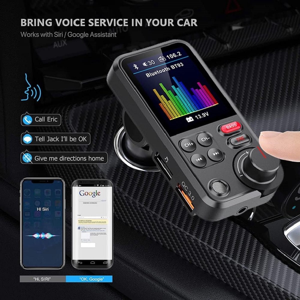 Bluetooth FM Transmitter - 170 ° Rotatie Auto Radio Adapter - met 1,8-inch  kleurenscherm - handsfree bellen - Ondersteunt QC3.0 Opladen, Treble en  Bass Sound Muziekspeler
