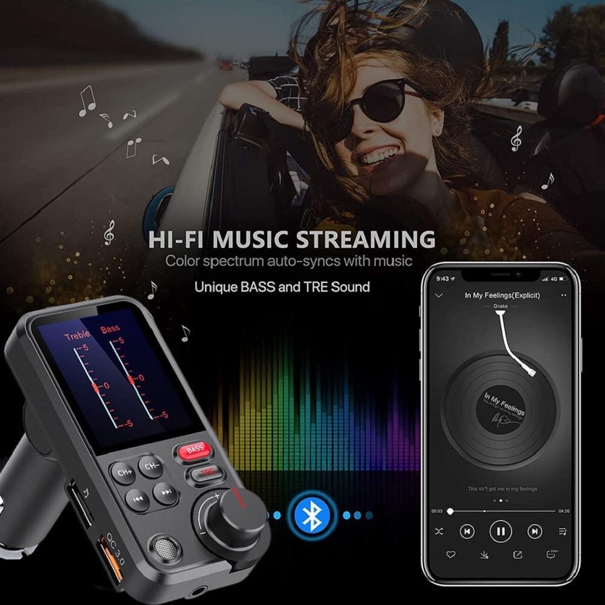 Bluetooth FM Transmitter - 170 ° Rotatie Auto Radio Adapter - met 1,8-inch  kleurenscherm - handsfree bellen - Ondersteunt QC3.0 Opladen, Treble en  Bass Sound Muziekspeler