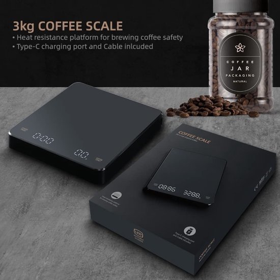 Koffie Weegschaal -  Usb Rechargeable - Elektronische weegschaal met hoge temperatuurbestendige timing - 0.1g tot 3 kg