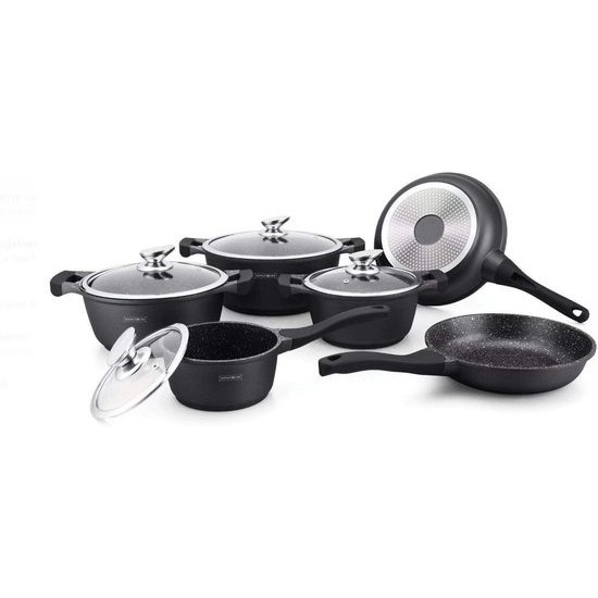 Royalty Line Royalty Line Pannenset Inductie - Luxe 10-delige Koekenpan Inductie - Voor Alle Warmtebronnen - Pannen Met Glazen Deksels en Koudgrepen - Marmer Coating - Antiaanbaklaag - Inductie - Zwart