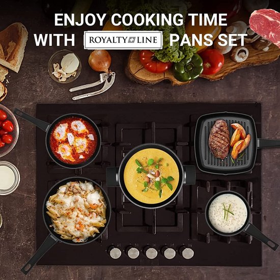 Royalty Line Royalty Line Pannenset Inductie - Luxe 10-delige Koekenpan Inductie - Voor Alle Warmtebronnen - Pannen Met Glazen Deksels en Koudgrepen - Marmer Coating - Antiaanbaklaag - Inductie - Zwart