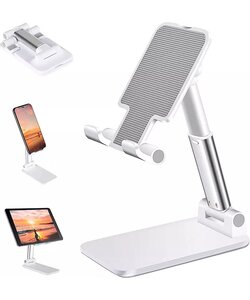 Tablet Houder - Telefoonhouder - Opvouwbaar en Verstelbaar - Aluminium - Antislip - Wit