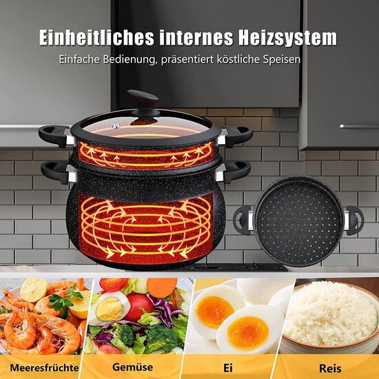 Royalty Line Royalty Line Couscous Pan - Stoompan - 11 Liter - Rijst en Groentestomer - Multisteamer Voor Alle Warmtebronnen - Aluminium - Met Glazen Deksel - Zwart