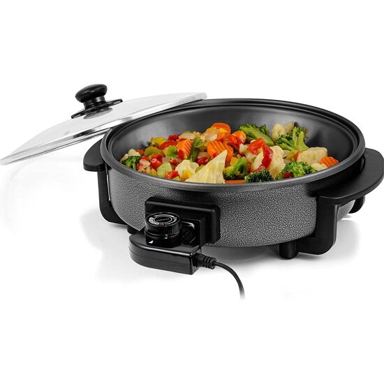 Royalty Line Royalty Line®  Elektrische Hapjespan XXL - 1500W - Ø42cm - Partypan -  Met Glazen Deksel en Anti-Aanbaklaag - 5 Regelbare Warmteniveaus - Zwart