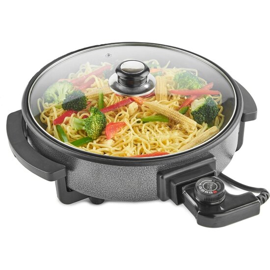 Royalty Line Royalty Line®  Elektrische Hapjespan XXL - 1500W - Ø42cm - Partypan -  Met Glazen Deksel en Anti-Aanbaklaag - 5 Regelbare Warmteniveaus - Zwart