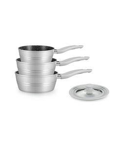 Royalty Line® FS3M Steelpannen Inductie - 4 Delig Steelpan Set Met Universeel Siliconen Deksel - Ø 16/18/20 cm - Antiaanbaklaag - Pannenset Voor Alle Warmtebronnen - Silver