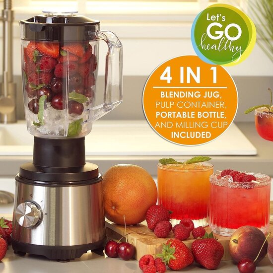Royalty Line Royalty Line 4 in 1 Slowjuicer - Blender / Hakmolen / Koffiemolen - Sapcentrifuge voor Groenten & Fruit - Juicer met 1 Liter Sapbeker en 2 Liter Pulpreservoir -  3 Snelheden - 1000W  - Zilver