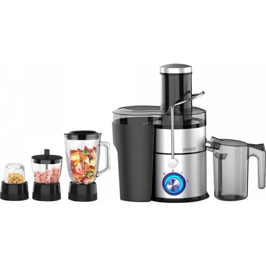 Royalty Line Royalty Line 4 in 1 Slowjuicer - Blender / Hakmolen / Koffiemolen - Sapcentrifuge voor Groenten & Fruit - Juicer met 1 Liter Sapbeker en 2 Liter Pulpreservoir -  3 Snelheden - 1000W  - Zilver