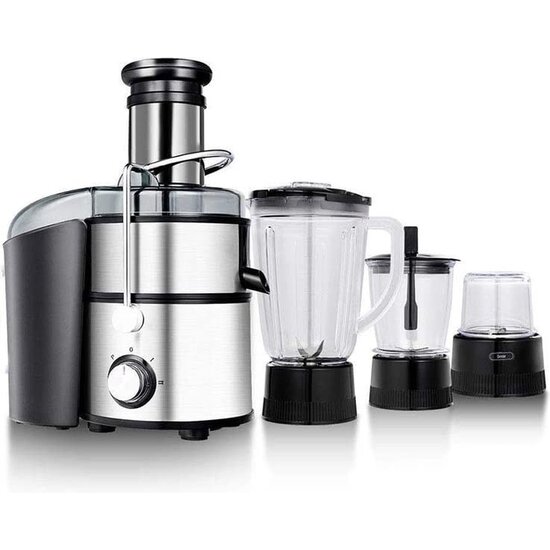 Royalty Line Royalty Line 4 in 1 Slowjuicer - Blender / Hakmolen / Koffiemolen - Sapcentrifuge voor Groenten & Fruit - Juicer met 1 Liter Sapbeker en 2 Liter Pulpreservoir -  3 Snelheden - 1000W  - Zilver
