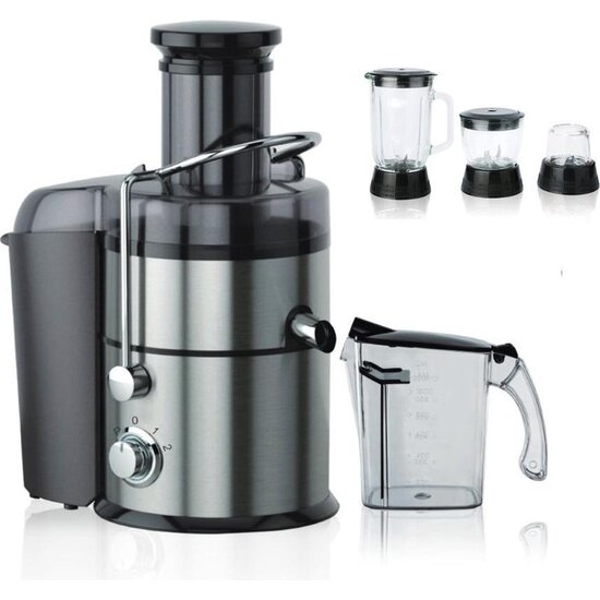 Royalty Line Royalty Line 4 in 1 Slowjuicer - Blender / Hakmolen / Koffiemolen - Sapcentrifuge voor Groenten & Fruit - Juicer met 1 Liter Sapbeker en 2 Liter Pulpreservoir -  3 Snelheden - 1000W  - Zilver