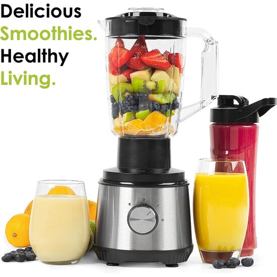Royalty Line Royalty Line 4 in 1 Slowjuicer - Blender / Hakmolen / Koffiemolen - Sapcentrifuge voor Groenten & Fruit - Juicer met 1 Liter Sapbeker en 2 Liter Pulpreservoir -  3 Snelheden - 1000W  - Zilver