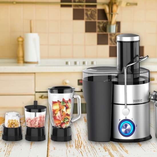 Royalty Line Royalty Line 4 in 1 Slowjuicer - Blender / Hakmolen / Koffiemolen - Sapcentrifuge voor Groenten & Fruit - Juicer met 1 Liter Sapbeker en 2 Liter Pulpreservoir -  3 Snelheden - 1000W  - Zilver