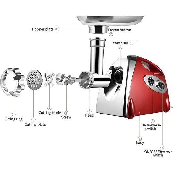 Royalty Line Royalty Line MG4 Elektrische Vleesmolen - Gehaktmolen Met 3 Snijplaten - Voor Alle Soorten Vlees - Worstenmaker - Gehakt - 500W - Rood