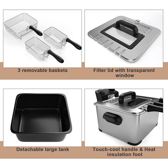 Royalty Line Royalty Line®  Frituurpan - 4.5 Liter met 3 Manden - 2000W - Met Koude Handgrepen en Traploos Instelbare Temperatuurregelaar & Deksel Met Glas