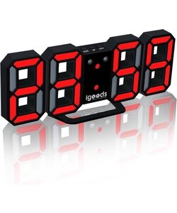 Igoods Digitale Tafelklok - Led Wekker Klok - Digitale 3D Wekker - Moderne Bureauklok - Met Temperatuurmeter - Zwart/Rood