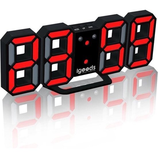 Igoods Igoods Digitale Tafelklok - Led Wekker Klok - Digitale 3D Wekker - Moderne Bureauklok - Met Temperatuurmeter - Zwart/Rood