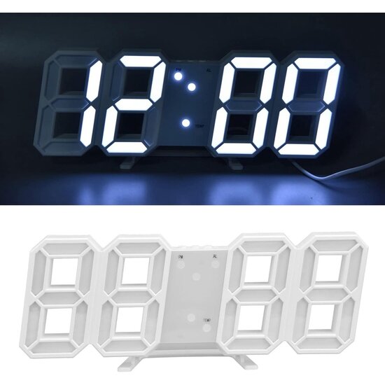 Igoods Igoods Digitale Tafelklok - Led Wekker Klok - Digitale 3D Wekker - Moderne Bureauklok - Met Temperatuurmeter - Wit