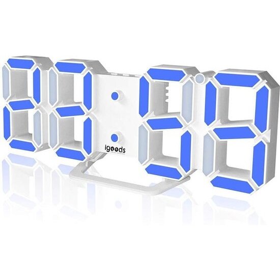 Igoods Igoods Digitale Tafelklok - Led Wekker Klok - Digitale 3D Wekker - Moderne Bureauklok - Met Temperatuurmeter - Wit/Blauw