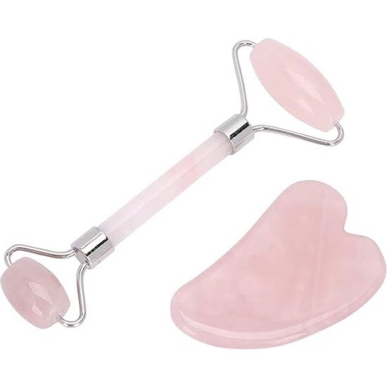 Igoods Igoods Massage Set - Rose Quartz Roller en Steen - Gezichtsmassage - Facial Roller - Schraper - Roze