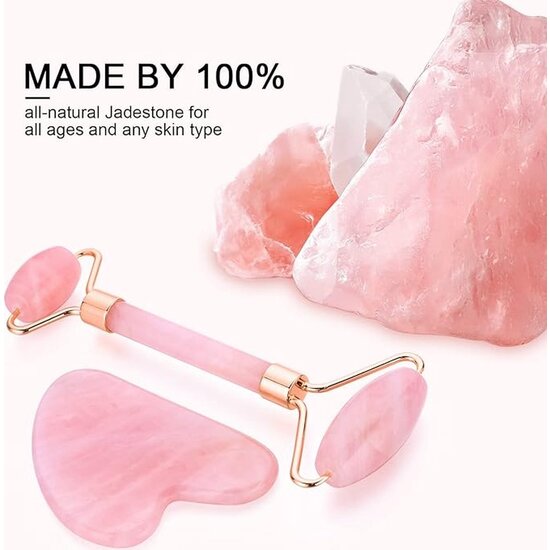 Igoods Igoods Massage Set - Rose Quartz Roller en Steen - Gezichtsmassage - Facial Roller - Schraper - Roze