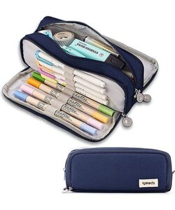 Igoods Etui - Pennenzak- 3 Compartimenten - Schoolspullen - Voor Jongens en Meisjes - Donkerblauw