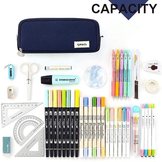 Igoods Igoods Etui - Pennenzak- 3 Compartimenten - Schoolspullen - Voor Jongens en Meisjes - Donkerblauw