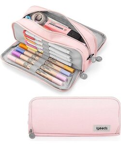 Igoods Etui - Pennenzak- 3 Compartimenten - Schoolspullen - Voor Jongens en Meisjes - Roze