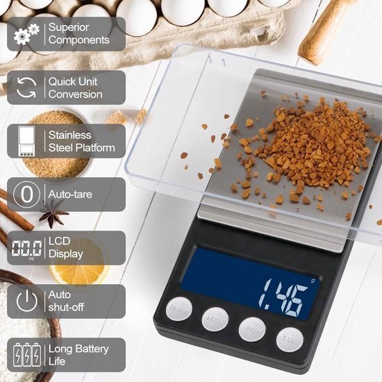 Imtex Imtex Digitale Precisie Keukenweegschaal - 1000 g / 0,1 g - Van 0,1 tot 1000 gram - Pocket Mini Scale - Batterij - Zwart